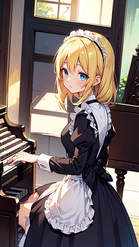 an anime drawing about a young blonde lady, blue eyes, beautiful body, dressed with a black maid dress, playing the piano on a h...