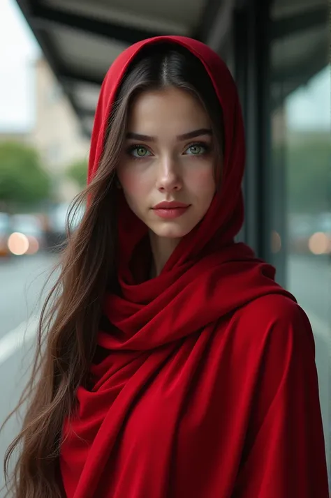 Beautiful girl green eyes long hair wearing rwd hijab standing on a bus stand