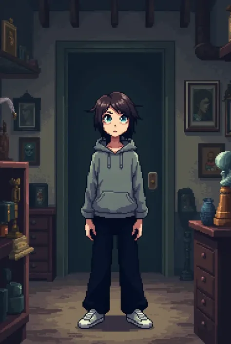 Pixelated Undertale-style portrait, pale skinny 1, long dark brown hair, blue eyes, mature face, detailed facial features, wide black pants, grey hoodie, white sneakers, short height, small chest, standing directly facing the viewer, rustic closed house, d...