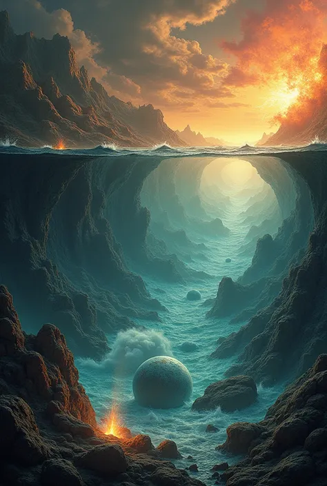 create an image that illustrates abiogenesis 1. **Natural Setting**: Start with a background that represents early Earth, with oceans, volcanoes, and a thick atmosphere. 2. **Simple Molecules**: Include representations of basic organic molecules, such as a...