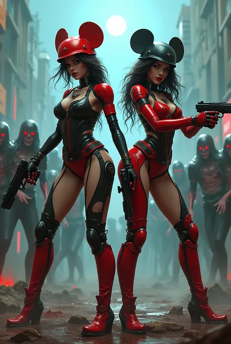 2 women, casco Mickey mouse, robotic body parts, .  GUN IN HAND, apocalipsis zombie, Red eyes, mutton legs, shoulder pads, , military breastplate, fishnet stockings, high stiletto boots, red latex, killing zombie. shooting up, fluorescent colors, two norma...