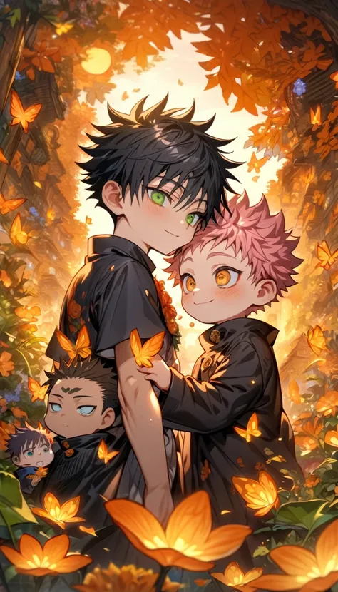 Ultra detailed, highres, absurdres, HDR, master piece, Itadori Yuuji chibi, expressive brown eyes, pink hair, Fushiguro Megumi chibi, black hair, expressive green eyes, black clothes, Jujutsu Kaisen, two boys together, orange flowers, petals, sun, cute, be...