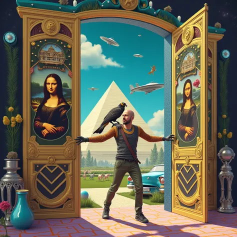 Un homme avec des vêtements futuristes pousse des deux mains des portes futuristes  avec des figures géométriques de couleurs différentes sur la porte et devant lui une pyramide avec de lherbe et des animaux ,le tout ressemblent à la peinture que jai publi...