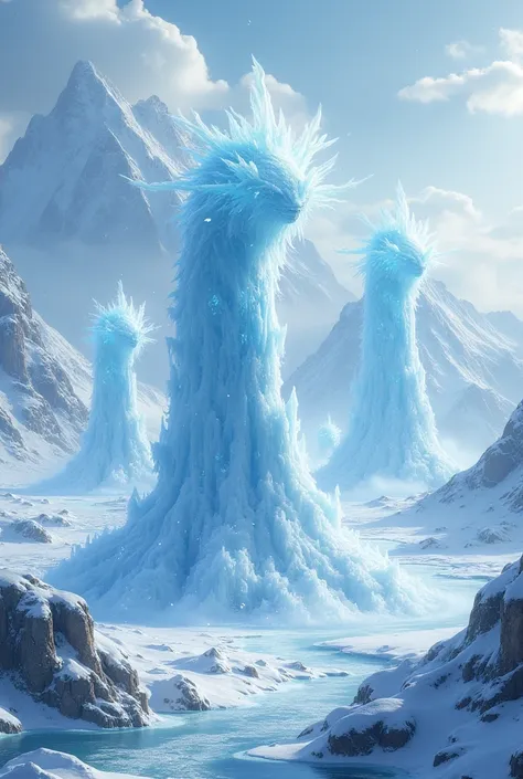 Beautiful scenery with ice caps and snow, with some ice monsters