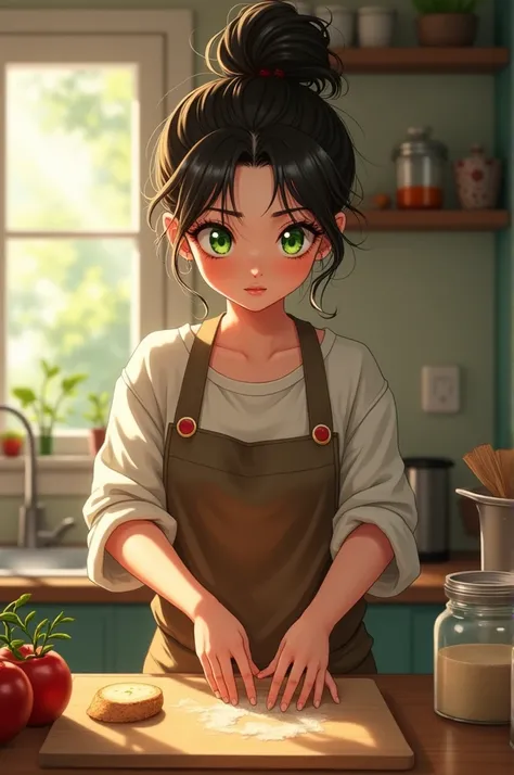 Beautiful girl green eyes messy bun cooking in the kitchen