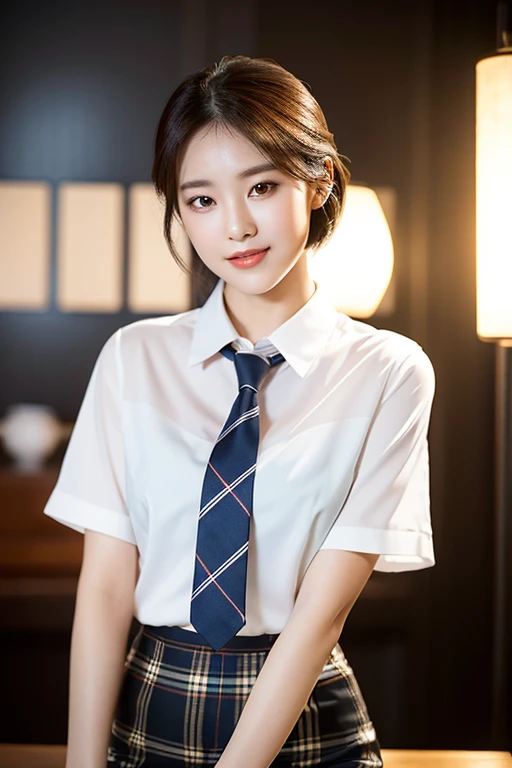 A stunning Korean idol at night, wearing a white short-sleeve blouse, plaid tie, and plaid skirt, with a youthful, smooth complexion, beautiful detailed eyes and lips, long eyelashes, a slender figure, and a friendly, approachable smile. She has short hair...