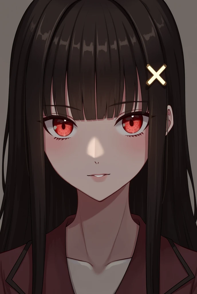 
I am a have long dark brown hair, with a straight cut fringe she has a light brown tone in the fringe I have red eyes,  on her head and uses an “X” shaped clip on her bangs, what complements your look*