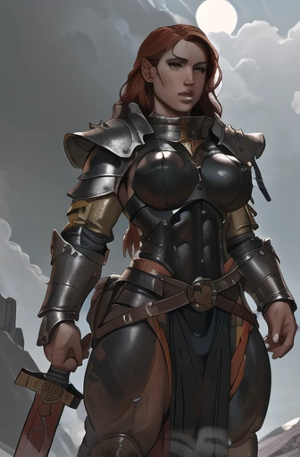 a muscular redheaded knight woman with large breasts, very long hair, holding a massive claymore sword, detailed eyes and lips, 8k, highres, masterpiece, photorealistic, dramatic lighting, epic fantasy, cinematic, dramatic pose, hyper detailed skin and mus...