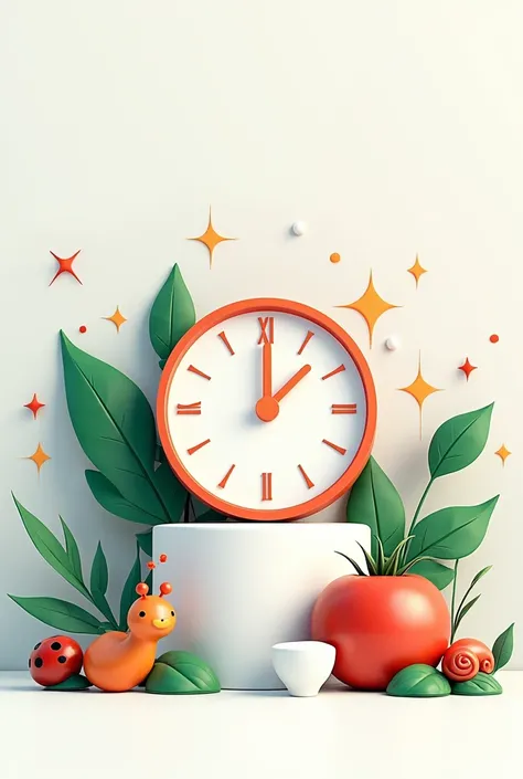 Create an illustrated composition with an outline environment that has an outline pedestal clock, a 3D shutdown button and some green leaves with a tomato, that includes a ladybug and a snail