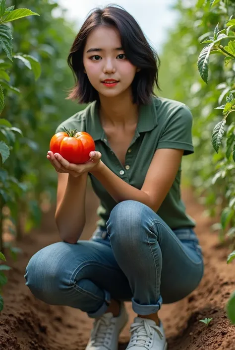 Heatpsy,Crouching down,She has a tomato in one hand,Tomato field,There is a tomato tree in front of me,squatting,1 female, 2 Japanese woman, Smiling,skinny jeans,polo shirt, sneakers, 1girl, solo,Anatomically correct,medium shot,(Highest Quality:1.4,Master...