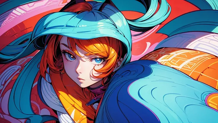 Close-up professional photo of a young woman wrapped in a colorful and warm quilt, Cel Shading, Bold outline, Flat Color, Sharp Shadow, Graphic Style, (Manga influence:1.3), Beautiful line drawing, Impressive visuals,comics