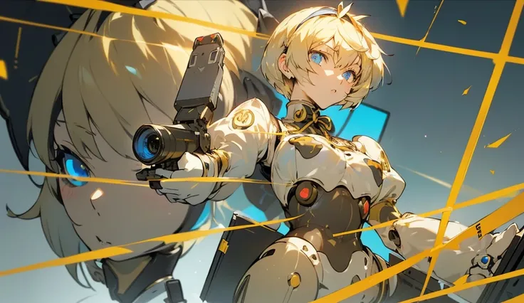 ))((aigis)) ((persona 3)) ((robot)) ((shor hair)) ((blonde hair)) ((blue eyes)) ((white torso)) ((golden details)) ((golden headband)) ((big ribbon chest)) ((pretty)) ((4k) ((shooting)) ((aiming at the camera)) ((shooting the camera)) ((zoom face))