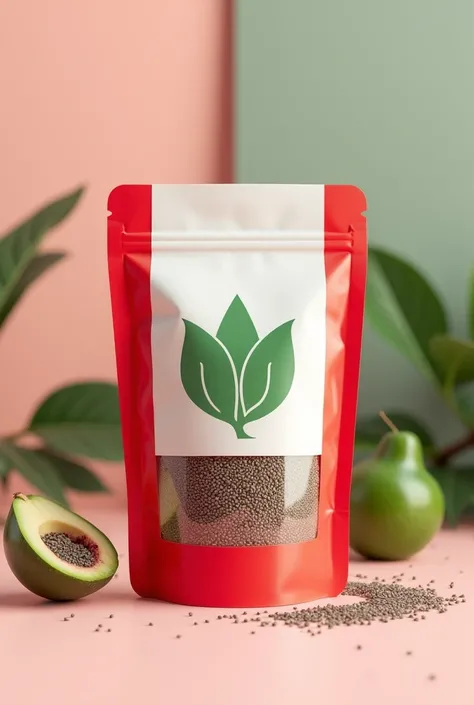 Create a image of a pouch with red and white colour on it and pouch will be a chia seeds 
Create a green vegetarian sign on it