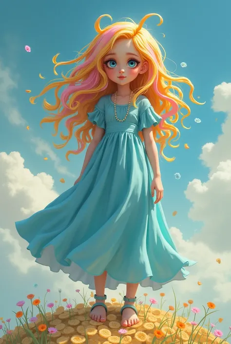 A girl in a blue dress with chips and yogurt hair