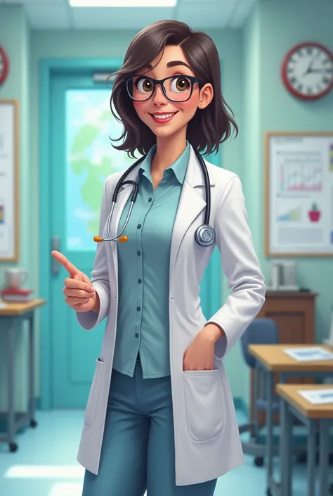 A white woman, with glasses, in a lab coat teaching, in the hospital and in cartoons