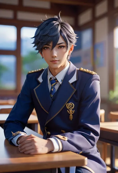 a Genshin Impact character, Ray, leaning against a table in his school uniform, extremely detailed, hyperrealistic, 8K, photorealistic, cinematic lighting, atmospheric, intricate details, detailed facial features, striking pose, clean and sharp focus, vibr...