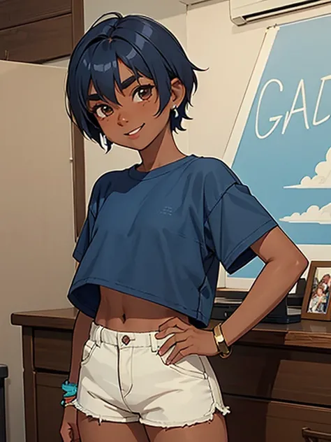 tomboy, Rustic, girl , Very dark skin, short blue hair, thick eyebrows, Brown eyes, Very flat, small ass, earrings, bracelet, topless, blue shorts smiling excitedly, I&#39;m walking down a village street, Ecchi CG Manga, Style Takase Yuu, cinematic, dramat...