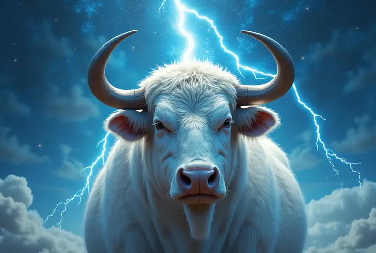 Create only the face of the white robust ox with a blue background, with starry sky and lightning, in a galaxy 