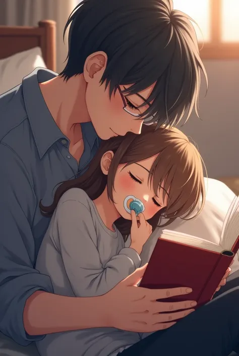 Anime high school girl resting her head at a boys lap while sucking on a pacifier. Boy: reading a book