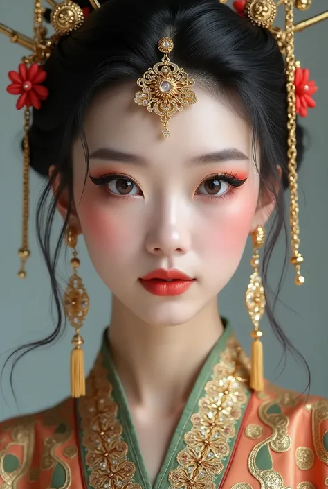 A woman wearing red lipstick, dressed in ancient costumes with golden chains hanging from her hair and ears. She has exquisite makeup on her face, with large eyes, thick eyebrows, red lips, gold earrings, a necklace, and a gorgeous Hanfu attire. The backgr...