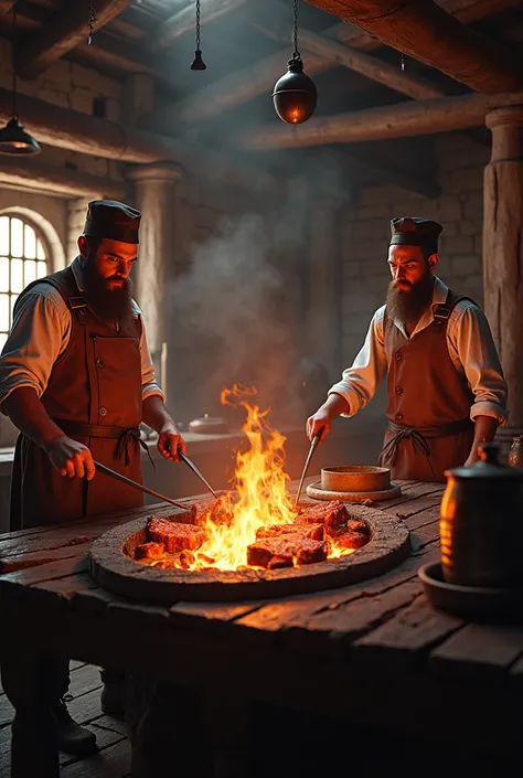 A Medieval Steakhouse showing the meat being cooked 
