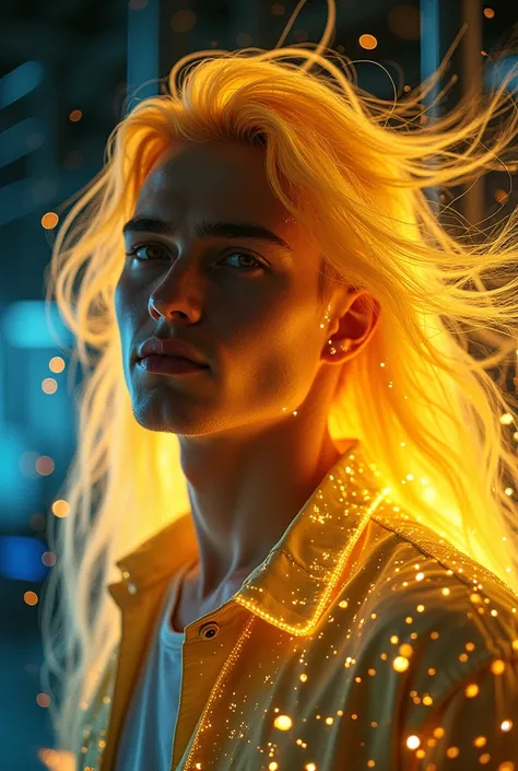 Holographic art | Portrait of a beautiful male american 22 years man with a very long yellow hair in a dark gray latex no ziper wetsuit formed by yellow glowing mathematical formulae, he is running| Radiant, handwritten-style calculations | Futuristic, cyb...