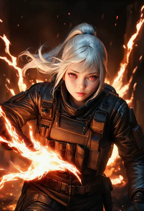 a small girl, long bushy white hair in a ponytail, crimson eyes, wearing a military bulletproof vest and combat suit, cold expression, crimson energy powers, intricate details, highly detailed, 8k, photorealistic, dark fantasy, cinematic lighting, dramatic