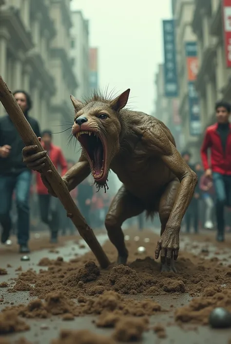 There was a strange animal holding a wooden stick crawling out of the earth in the middle of a crowd of people running in the middle of the city.