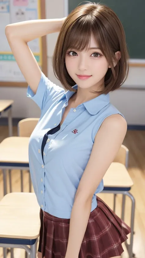 ((High school classroom:1.2)),Schoolgirl uniform,blazer, Super short,Plaid,Blue Micro Mini Skirt,Very cute face,Glossy Lips,Beautiful big eyes,Brown eyes,両目にdouble eyelid,(Natural Makeup),Asymmetrical bangs,Center image,Attention to detail,Detailed hairsty...