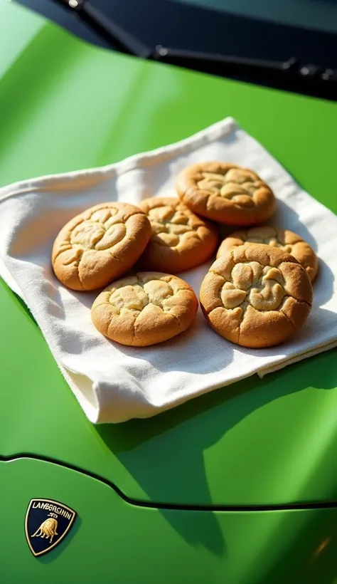 Five brown cookies on a towel on the hood of a Lamborghini Veede; cenario(green lamborghini with five brown cookies on its hood); high resolution, best qualityer, super detaill, Camera viewfinder, lateral view, 