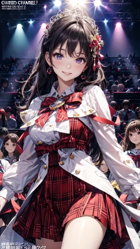 Black-haired, long-haired high school girl,Purple eyes,View your viewers,Dancing,sing,Beautiful feet,Cowboy Shot, A scarlet checkered idol costume like AKB48,Live Stage,Concert Hall,Spotlight, (Highest quality,masterpiece),High resolution,Very detailed,32K...