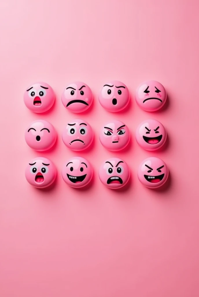 collection of pink round smilies with various facial expressions, each one a little darker than the background. Smilies portray a wide range of emotions, like anger, cheerfulness, sadness and others. The background is a lighter shade of pink., creating a s...