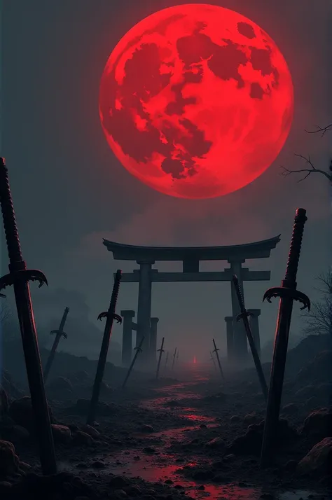 create an image in a war scenario where the moon is red in the sky in the upper right corner while several swords are stuck in the ground, also add a Japanese gate to the left side of the image