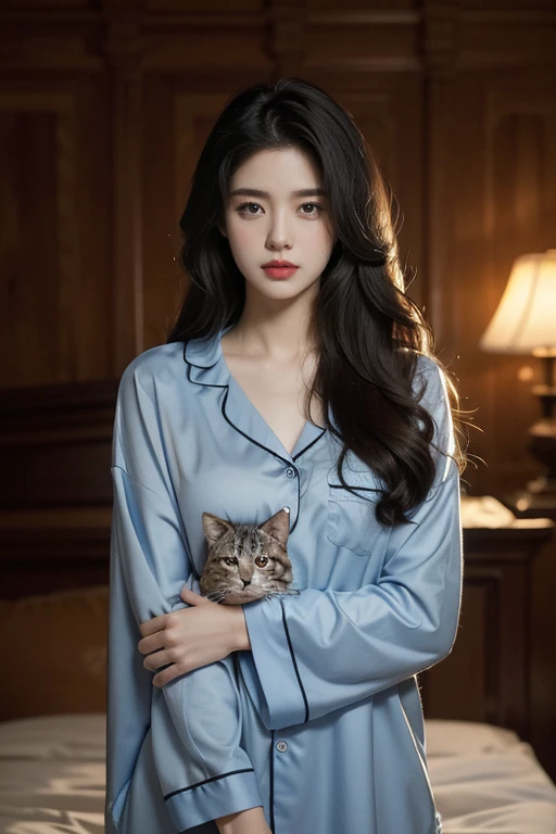 Best quality， masterpiece， Ultra-high resolution， （Realistically：1.5）， RAW photos， 1 cat， cute， In the dark， Dark Shadows， Low profile， Cold Light,Pajama shirt,Shoulder-length straight hair,Slim