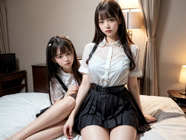 masterpiece, best quality, illustration, Super detailed, fine details, High resolution, 8K,wall paper, perfect dynamic composition,(Details High quality, realistic depiction of eyes:1.3), (2 girls), (Fashionable, a belt black suspenders, Aside Cutter Shirt...