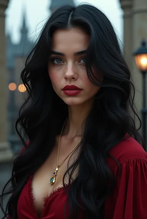 A Hogwarts student, Gyffindor, Spanish woman, with long wavy jet-black hair, sharp grey eyes, fair skin, natural red plump lips. She looks sexy.