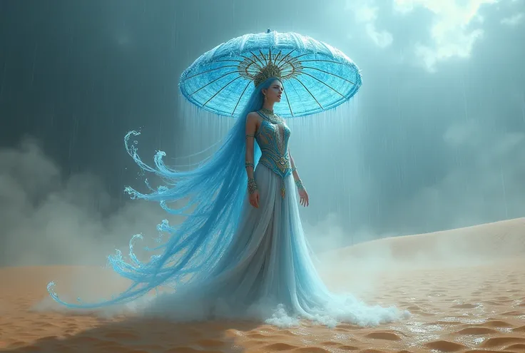 Desert background,, water goddess, holding umbrella, heavy rain, wet sand