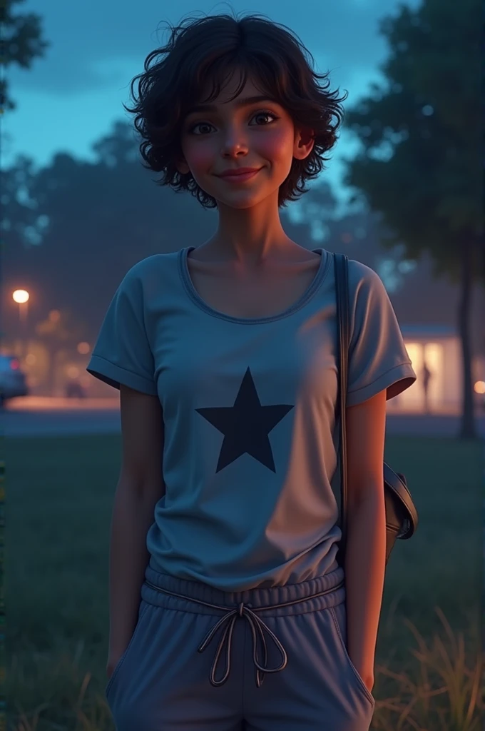 (photorealism: 1.2), Peruvian teenager, smiling, dressed in a top with a star in the middle, pajama pants, short curly hair, outdoors, soft lighting, park background, at night, relaxed pose, realistic and intricate details, colors cold