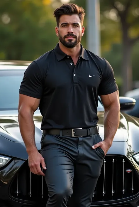 Masterpiece handsome and muscular Australian man, dress pants and polo shirt in high fashion, strong and muscular legs, big lump, great detail 8k great sharpness, In the background, a luxury sports car with good lighting , perfect face, physicist-culturist...