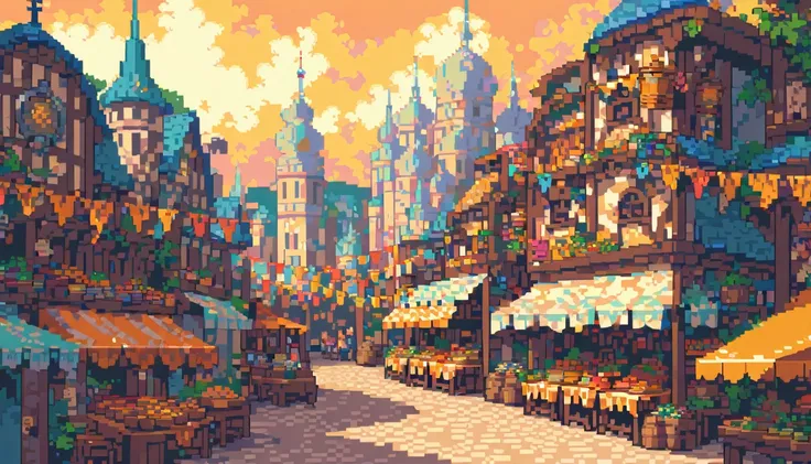 medieval city, market and stalls in the city center, pixel art, swirly vibrant colors, sunlit, retro style