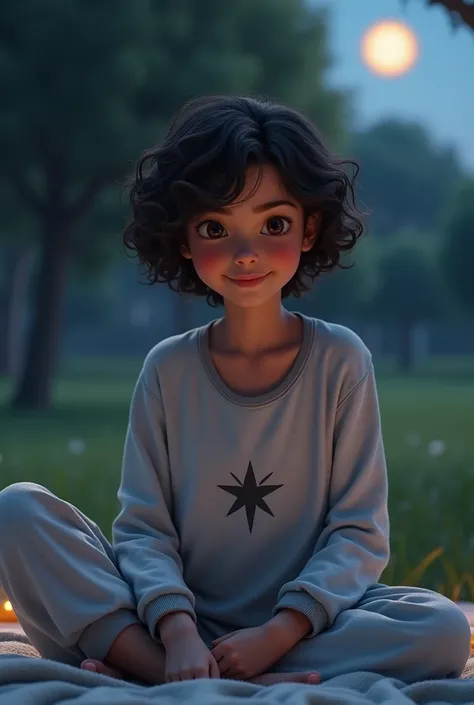 (photorealism), Peruvian teenager, smiling, dressed in a top with a star in the middle, pajama pants, short curly hair, outdoors, soft lighting, park background, at night, relaxed pose, realistic and intricate details, colors cold