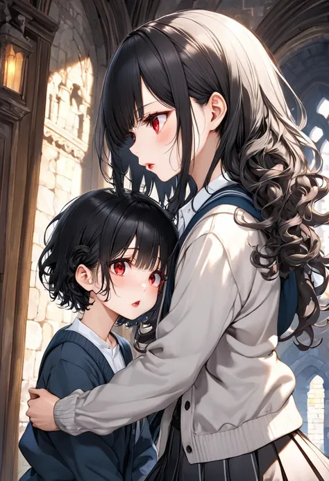 (Comedy style), (profile) (a 15 yo) (beautiful detailed curly black hair long hair) (best cute girl) (serious red eyes), (glossy lip), (medium tits), in a school cardigan, Pleats skirt, ((and Confrontation)), (a crew cut silver very short hair) (boy is Bei...