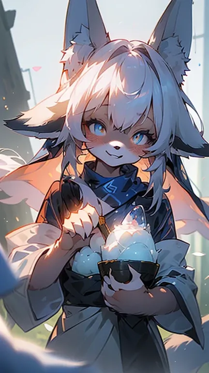 masterpiece,insanely detailed, absurdres, 16K, a girls, kemono, furry face, evil smiling, grinning,luminous eyes, with sparkling eyes, blue eyes, narrow eyes, (fox_girl, anthro furry:1.6),(anthro_female_fox:1.2), fluffy fur, hairy body, white background, u...