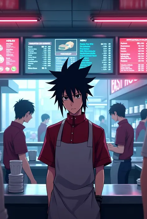 Sasuke as a fast food worker. Animated art inspiration. Ultra high quality 