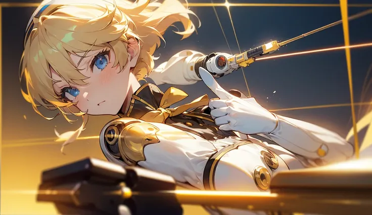 ))((aigis)) ((persona 3)) ((robot)) ((shor hair)) ((blonde hair)) ((blue eyes)) ((white torso)) ((golden details)) ((golden headband)) ((big ribbon chest)) ((pretty)) ((4k) ((shooting)) ((aiming at the camera)) ((shooting the camera)) ((zoom face)) ((bust)...