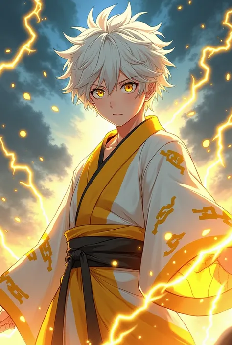 anime teenage boy, white messy hair, yellow eyes, white and yellow kimono, lightning style. 