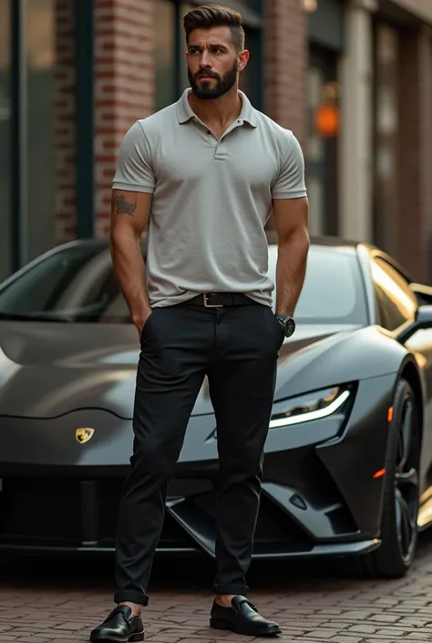 Masterpiece handsome and muscular Australian man, dress pants and polo shirt in high fashion, strong and muscular legs, big lump, great detail 8k great sharpness, In the background, a luxury sports car with good lighting , perfect face, physicist-culturist...