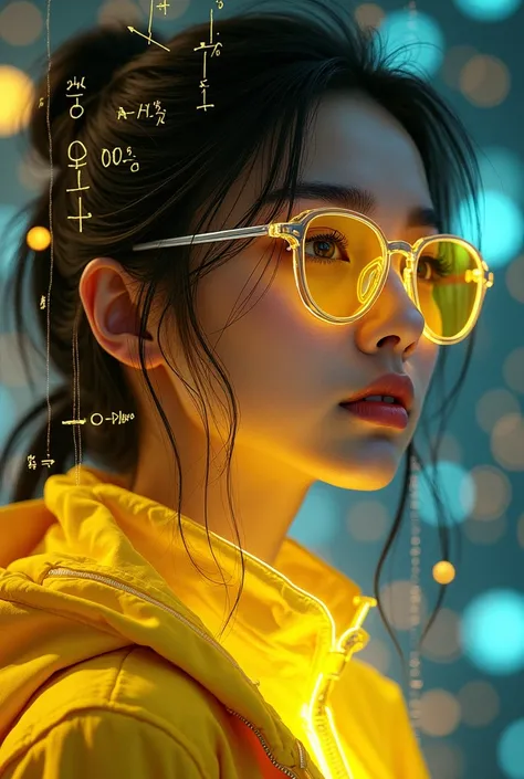 Holographic art | Portrait of a beautiful girl in a yellow jacket and yellow glasses in formed by glowing mathematical formulae | Radiant, handwritten-style calculations | Futuristic, cyberpunk, technological atmosphere | Photorealistic quality | Dramatic ...