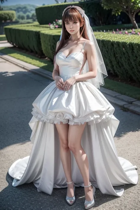 kasumi, wearing wedding dress with slitHigh resolution, cross bangs, Holding your mouth, photo by full body. Beautiful, well-defined legs.