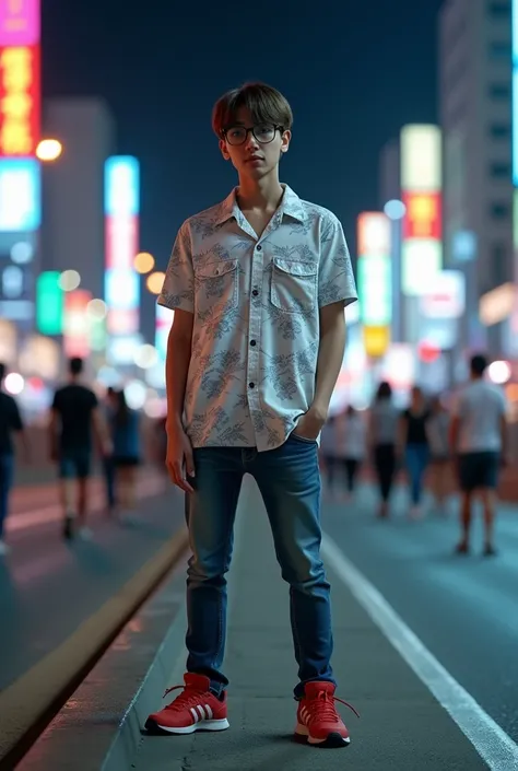 (photorealism:1.2), young man wearing glasses, straight hair parted in the middle (hair style like Koreans), brown hair, wearing a white floral patterned shirt, tight jeans, red basketball shoes, standing on the side of a busy highway at night, in the back...